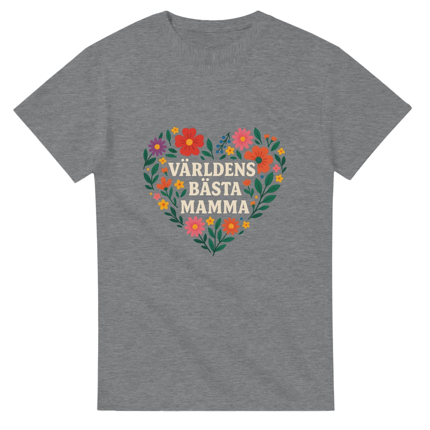 T-shirt med texten 'Världens bästa mamma' i ett hjärta av blommor. Perfekt gåva till mamma!