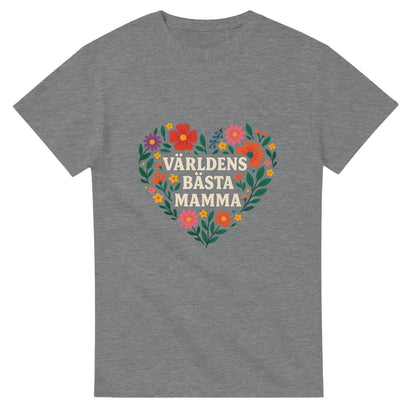 T-shirt med texten 'Världens bästa mamma' i ett hjärta av blommor. Perfekt gåva till mamma!