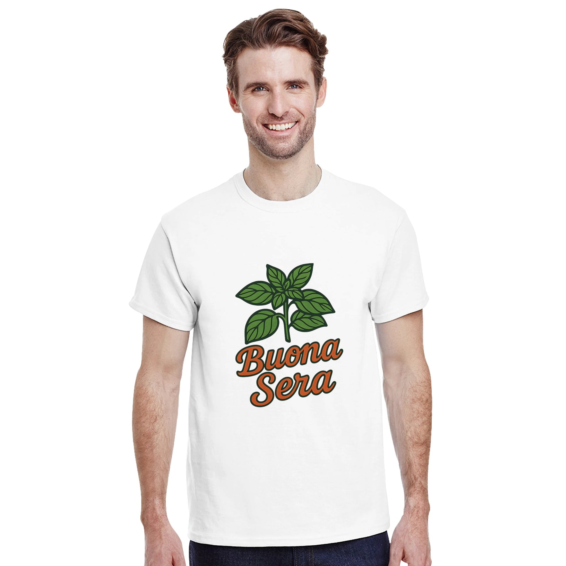 T-shirt med grön basilika & texten 'Buona Sera' i varm orange. Perfekt för dig som älskar italiensk mat & avslappnad stil.