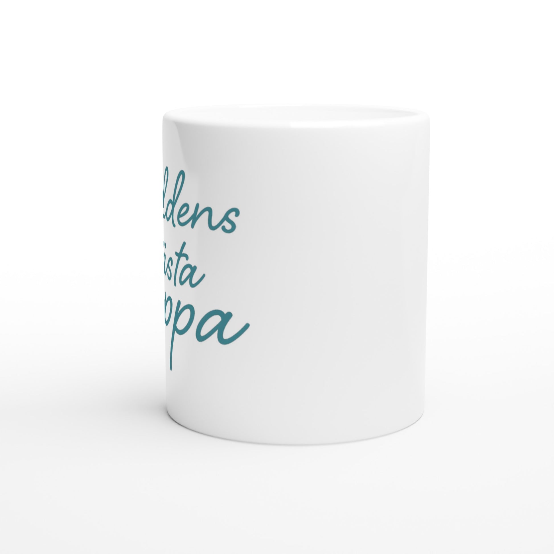 Mugg med texten 'Världens bästa pappa' i elegant handskriven font och varm blågrön färg. Perfekt till fars dag eller som uppskattning.