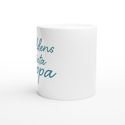 Mugg med texten 'Världens bästa pappa' i elegant handskriven font och varm blågrön färg. Perfekt till fars dag eller som uppskattning.