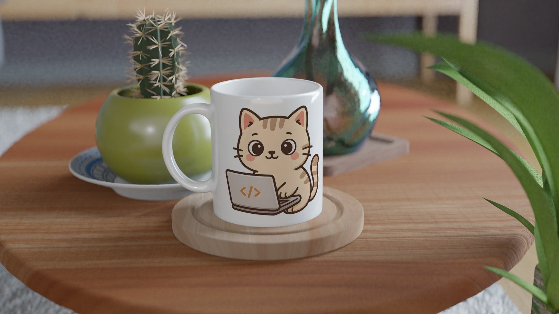 Mugg med katt som kodar på laptop. Perfekt för programmerare!