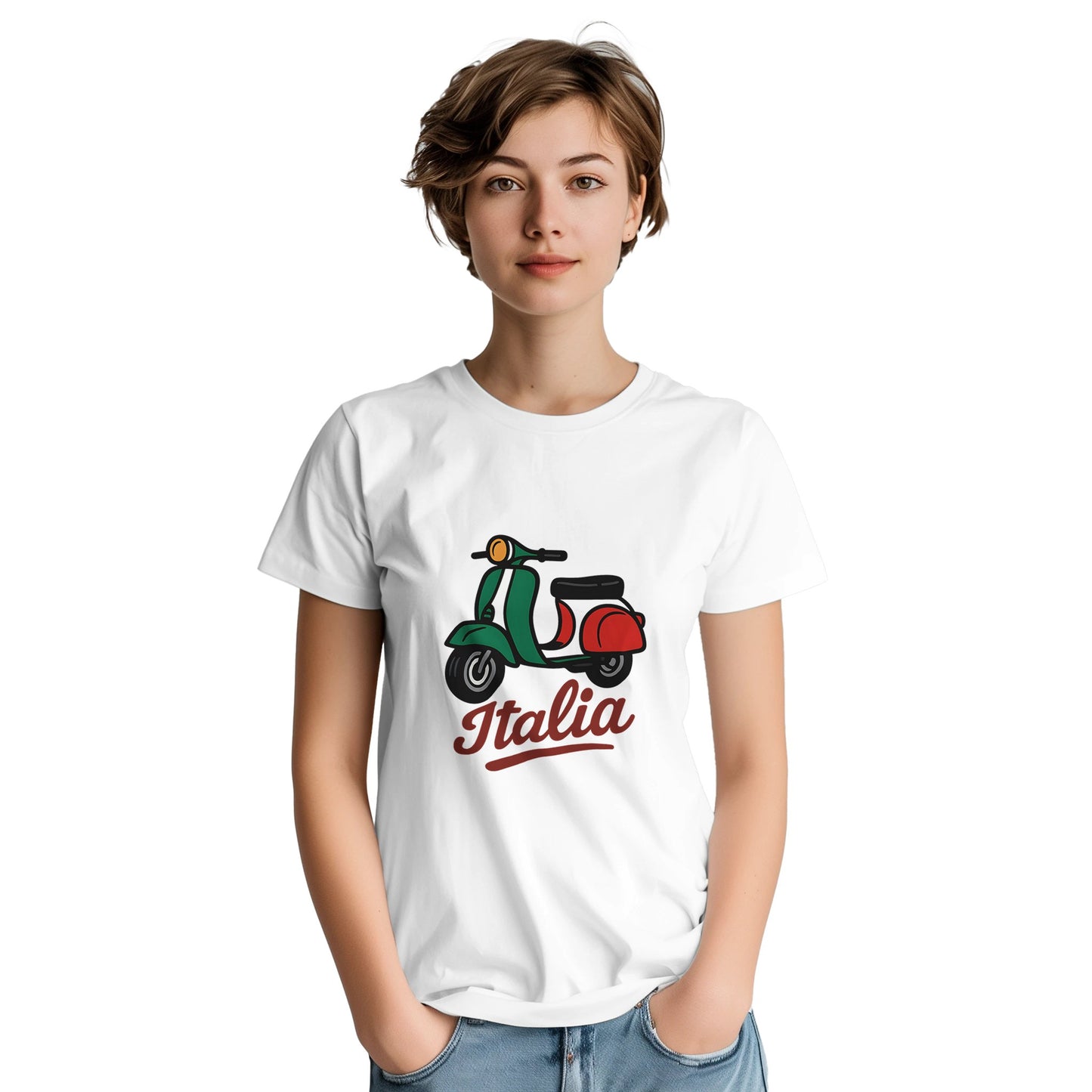 T-shirt med La Vespa Tricolore i Italiens färger och texten 'Italia'. Ikonisk, charmig och full av italiensk känsla!