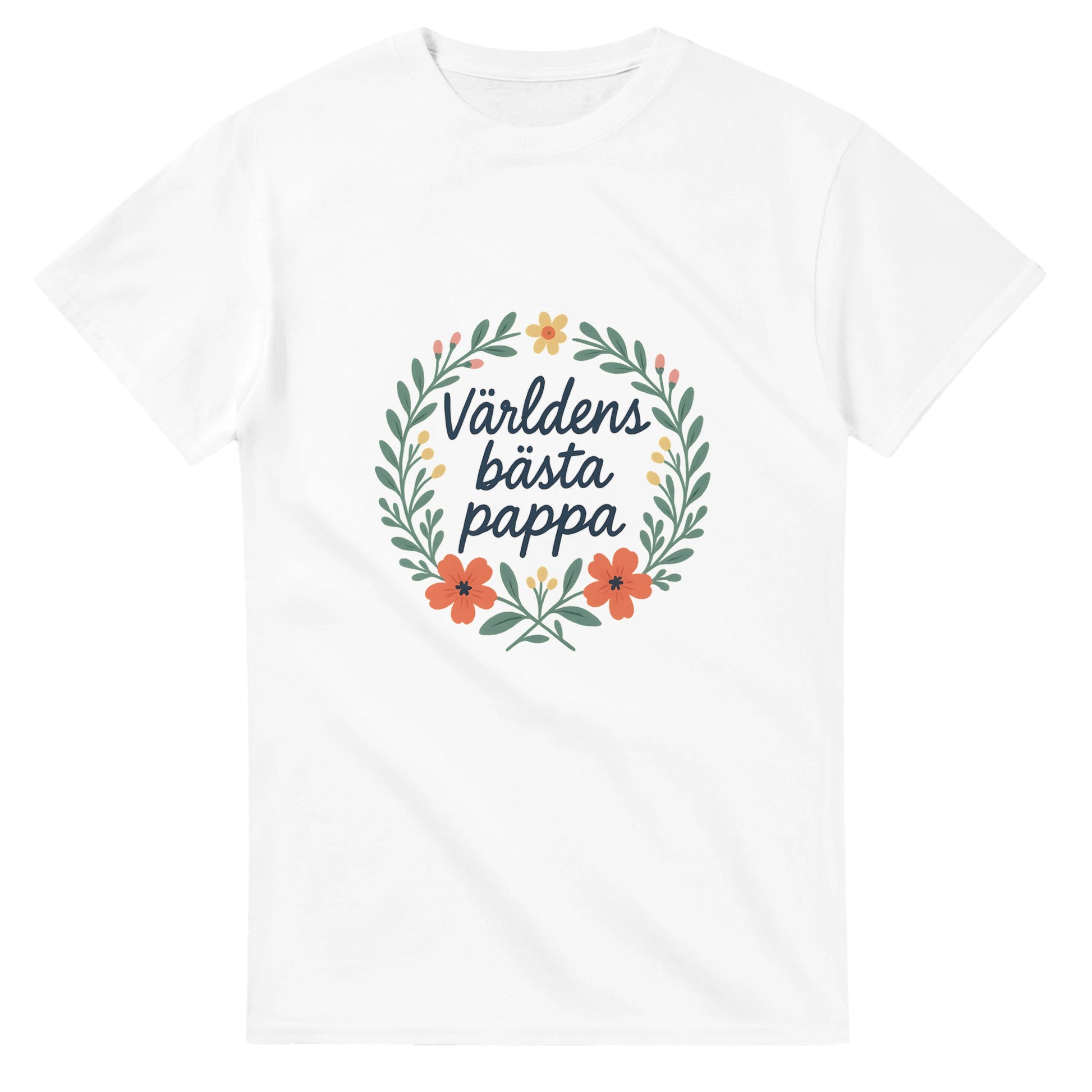 Stilfull T-shirt med handskriven text 'Världens bästa pappa' och blomkrans. Perfekt för den speciella pappan.