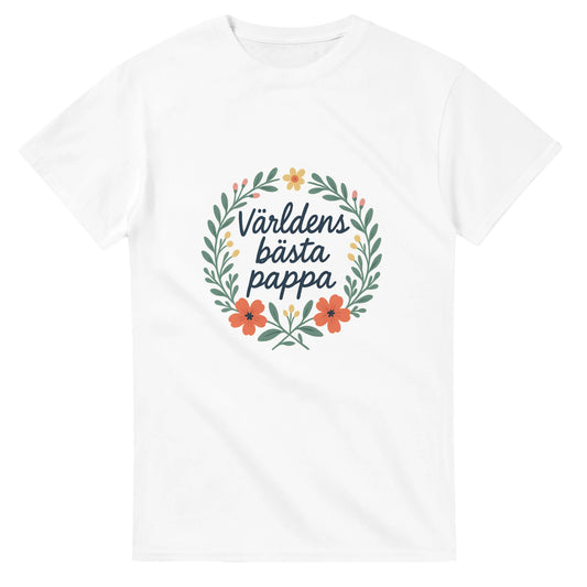 Stilfull T-shirt med handskriven text 'Världens bästa pappa' och blomkrans. Perfekt för den speciella pappan.