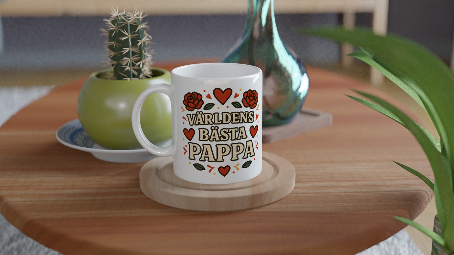 Mugg med 'Världens bästa pappa' text, perfekt för morgonkaffet. Elegant design som visar kärlek till pappa.
