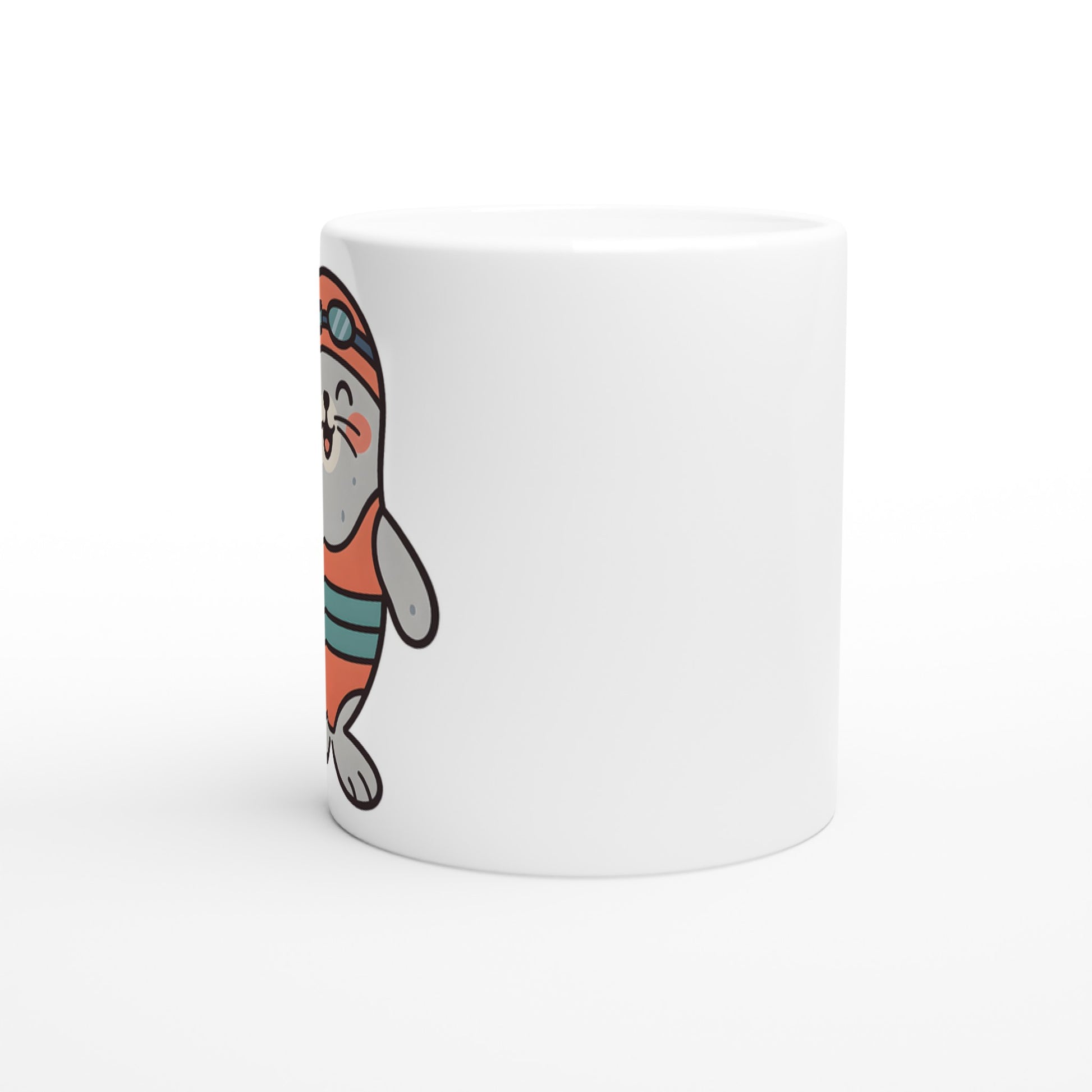 Mugg med glad säl i badkläder, perfekt för en uppiggande start på dagen.