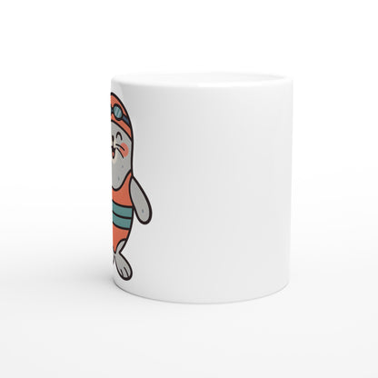 Mugg med glad säl i badkläder, perfekt för en uppiggande start på dagen.