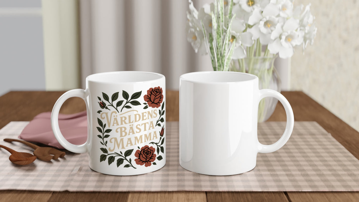 Mugg med texten Världens Bästa Mamma och blommigt mönster i vintage stil - en perfekt hyllning.