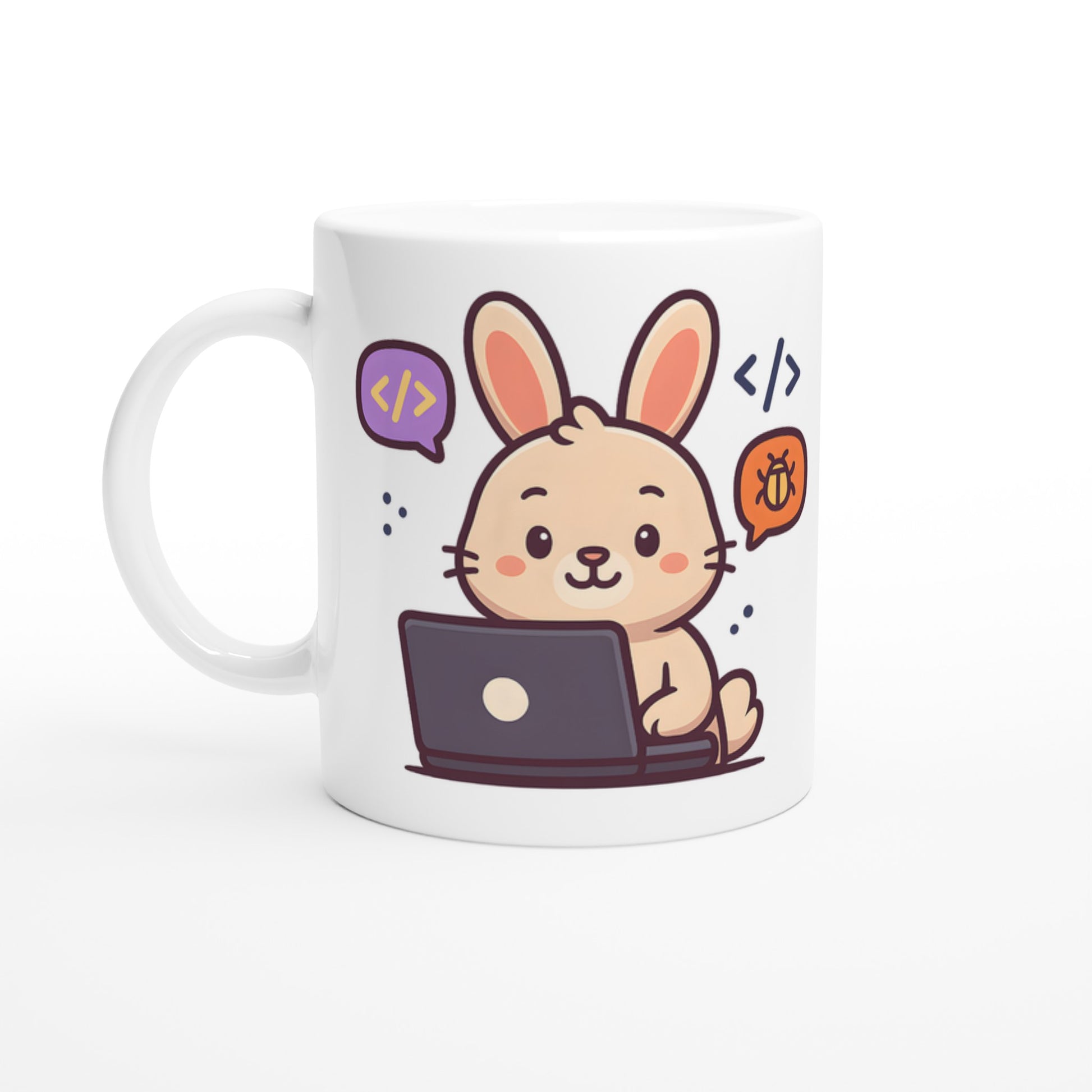Mugg med programmerande kanin som fixar buggar. Perfekt start på dagen!