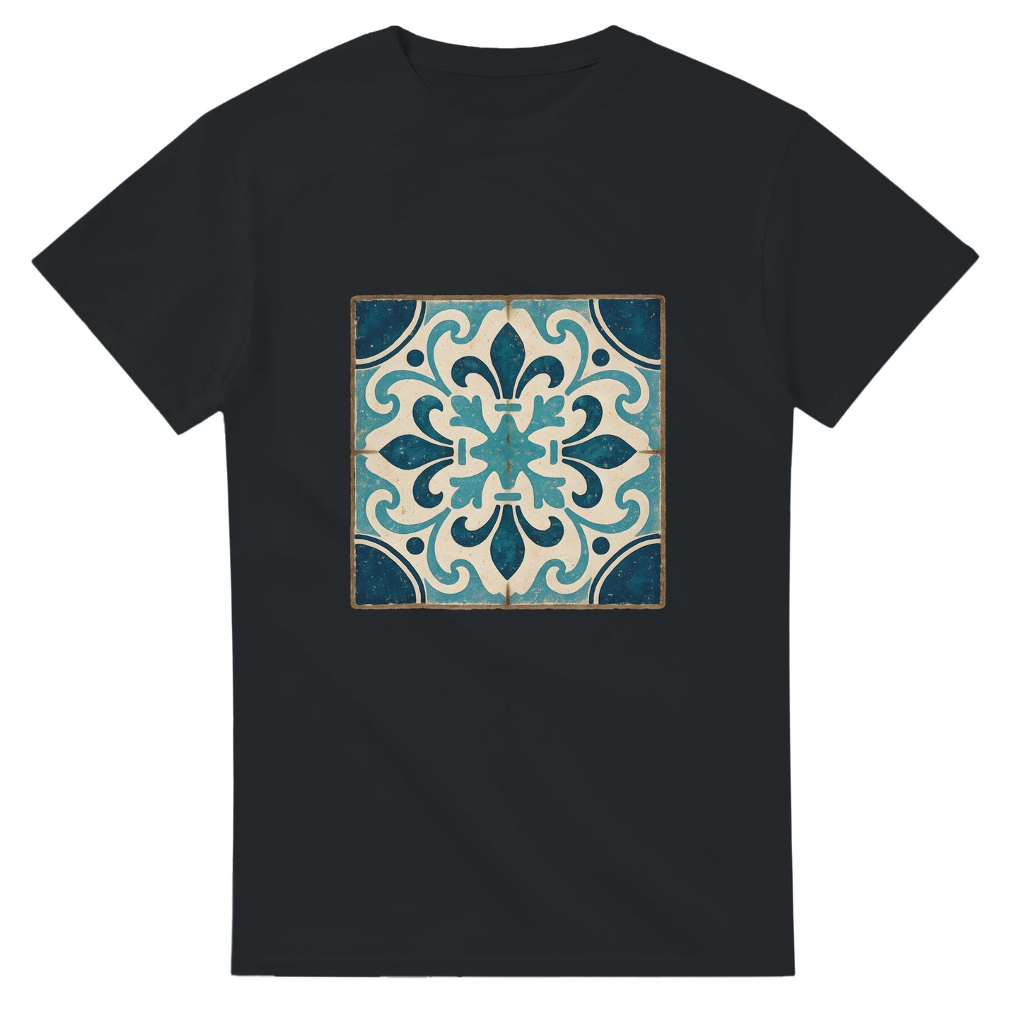 T-shirt med Portugals historia, traditionella kakelmönster och havets toner i en rustik stil.