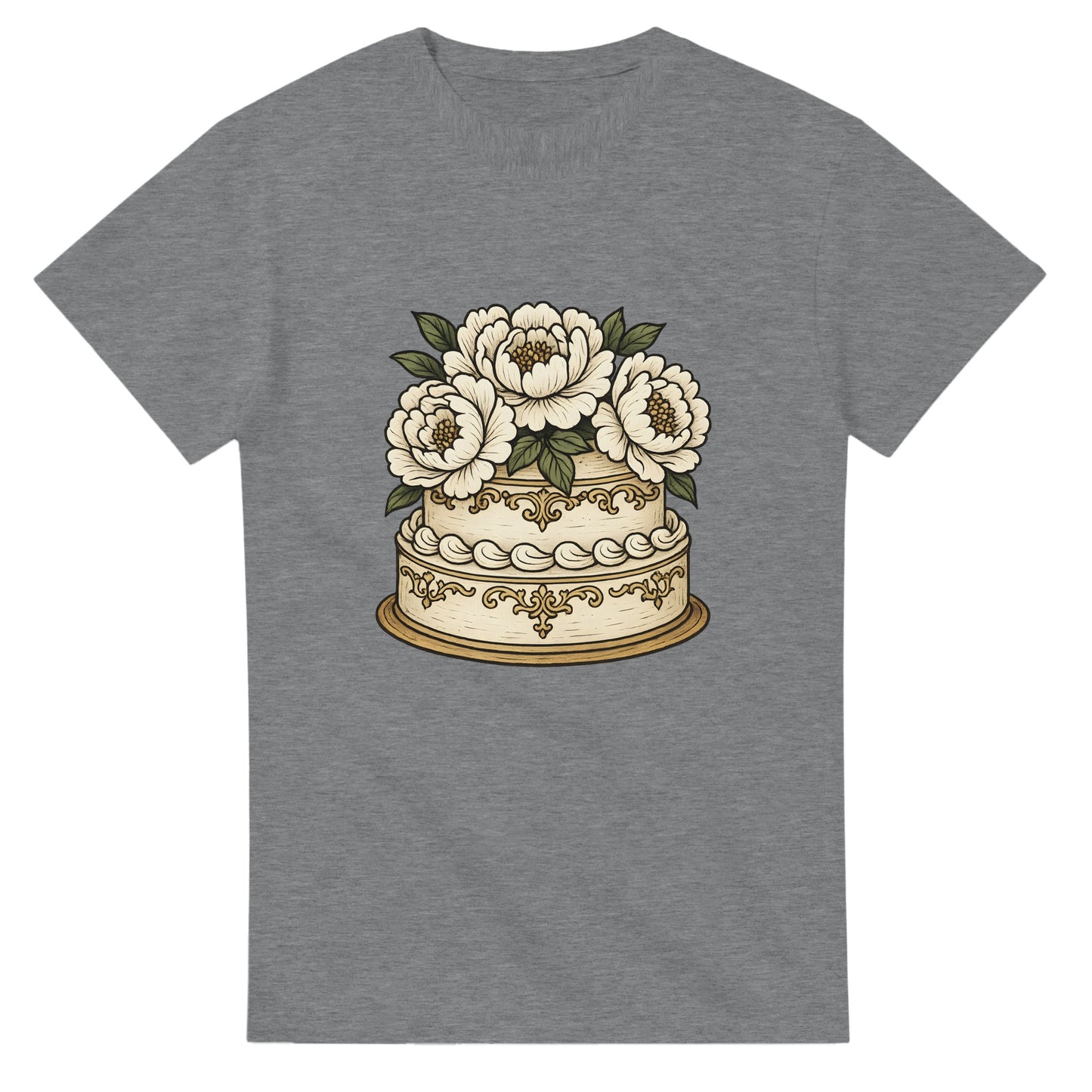 T-shirt med vitt porslin och eleganta pioner som ger en klassisk och gräddig känsla av sekelskiftet.