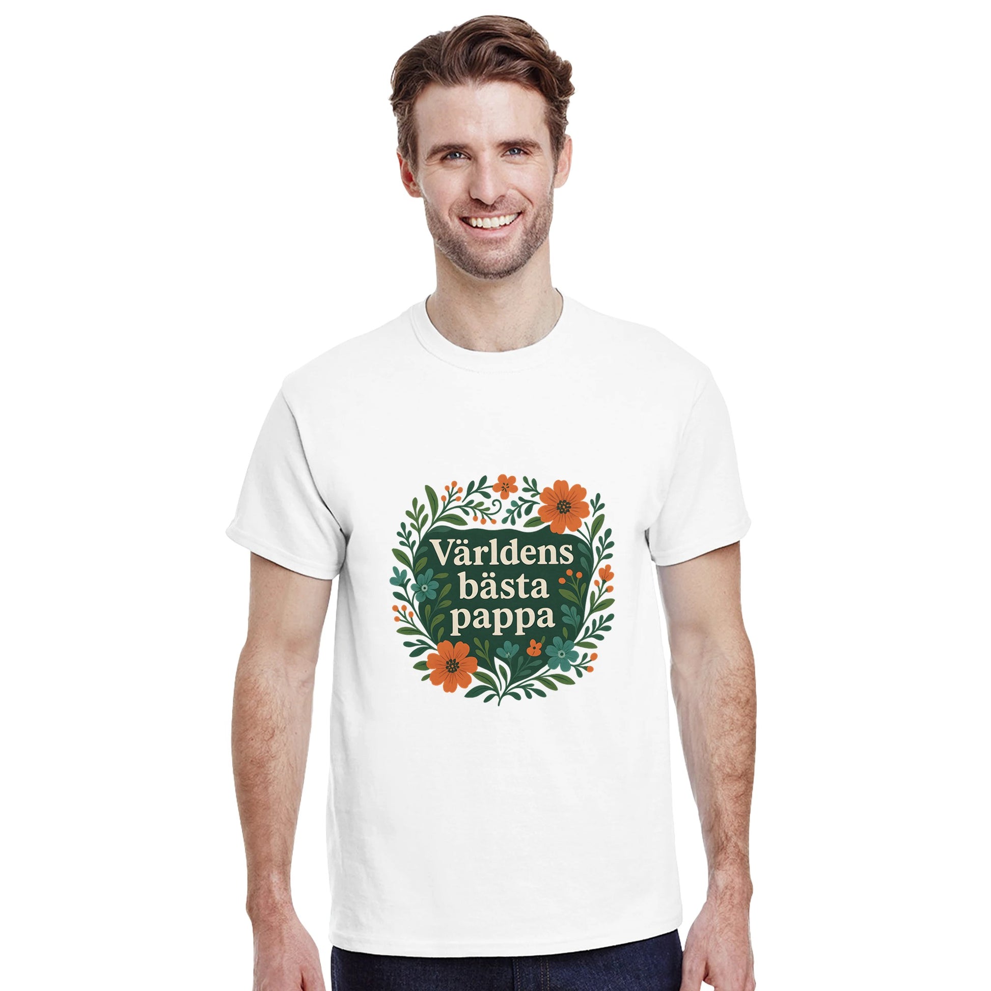 T-shirt för pappa med stil. 'Världens bästa pappa' omgiven av eleganta blommönster i harmoniska färger. Uppskattning visas!