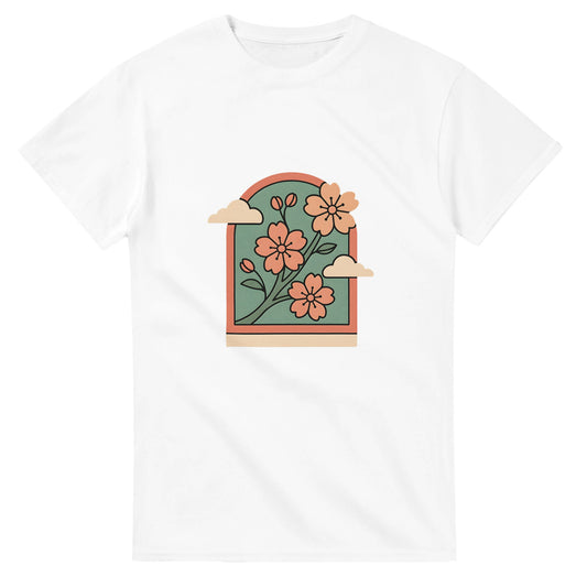 Japansk T-shirt med körsbärsblomdesign för en nostalgisk resa till Japan.