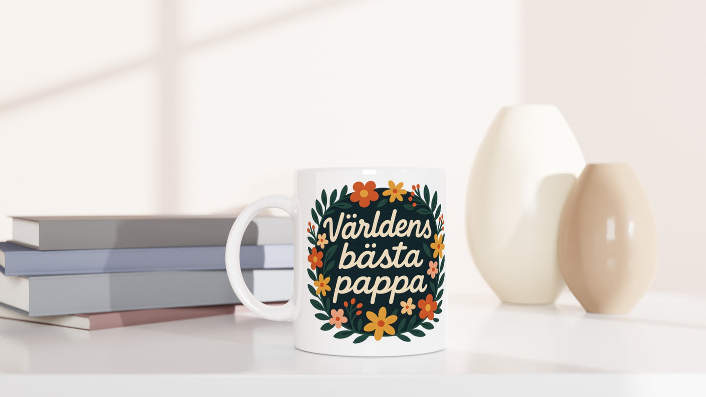 Mugg med blomkrans och text 'Världens bästa pappa' i kompakt design, perfekt för pappa!