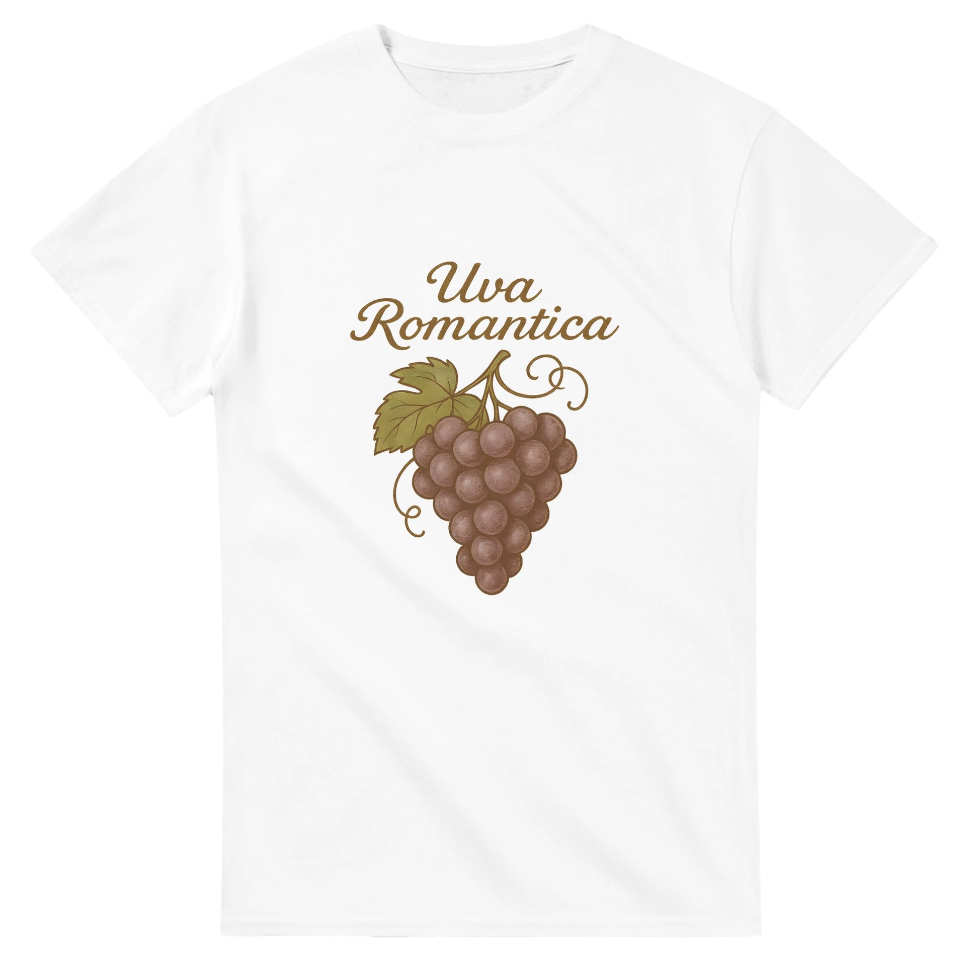 T-shirt med retrostil, 'Uva Romantica' på italienskt manér ovanför, romantisk druvklase.
