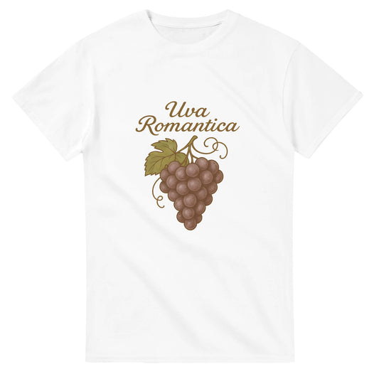 T-shirt med retrostil, 'Uva Romantica' på italienskt manér ovanför, romantisk druvklase.