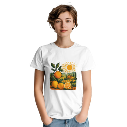 T-shirt med solkust och citrus i vintage stil, perfekt för Italien-fantaster. Toskansk känsla!