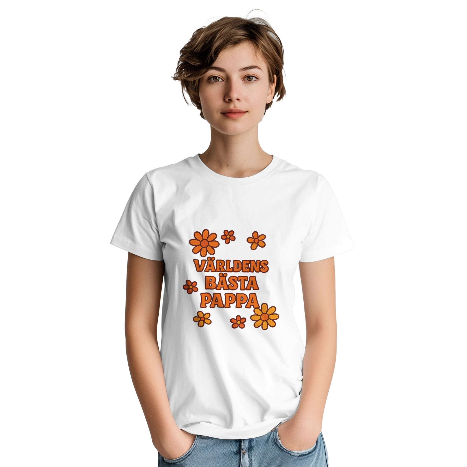 T-shirt med 'Världens bästa pappa' och dekorativa blommor i varma färger.