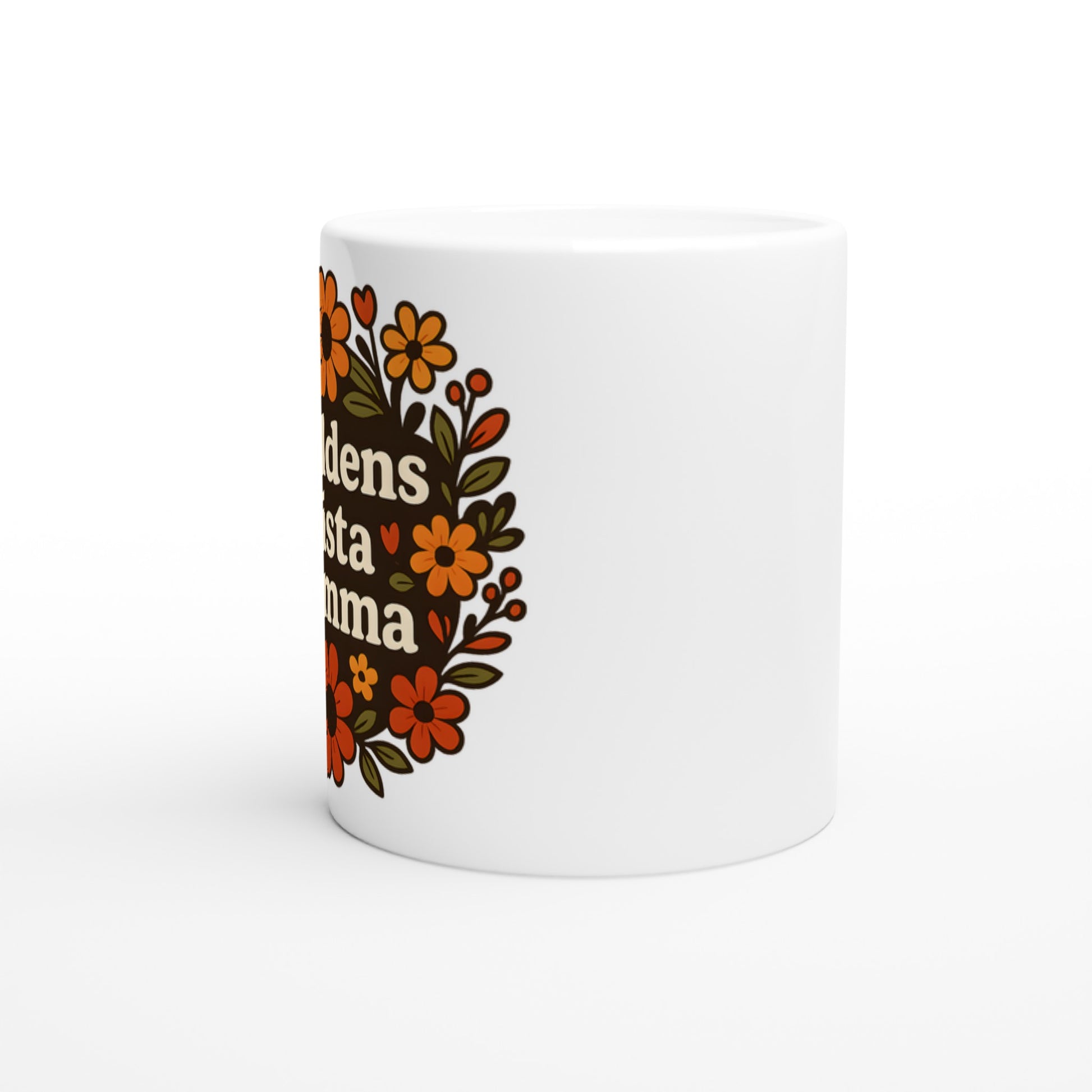 Mugg med texten 'Världens bästa mamma' omgiven av varma blommor. Perfekt gåva till mamma.