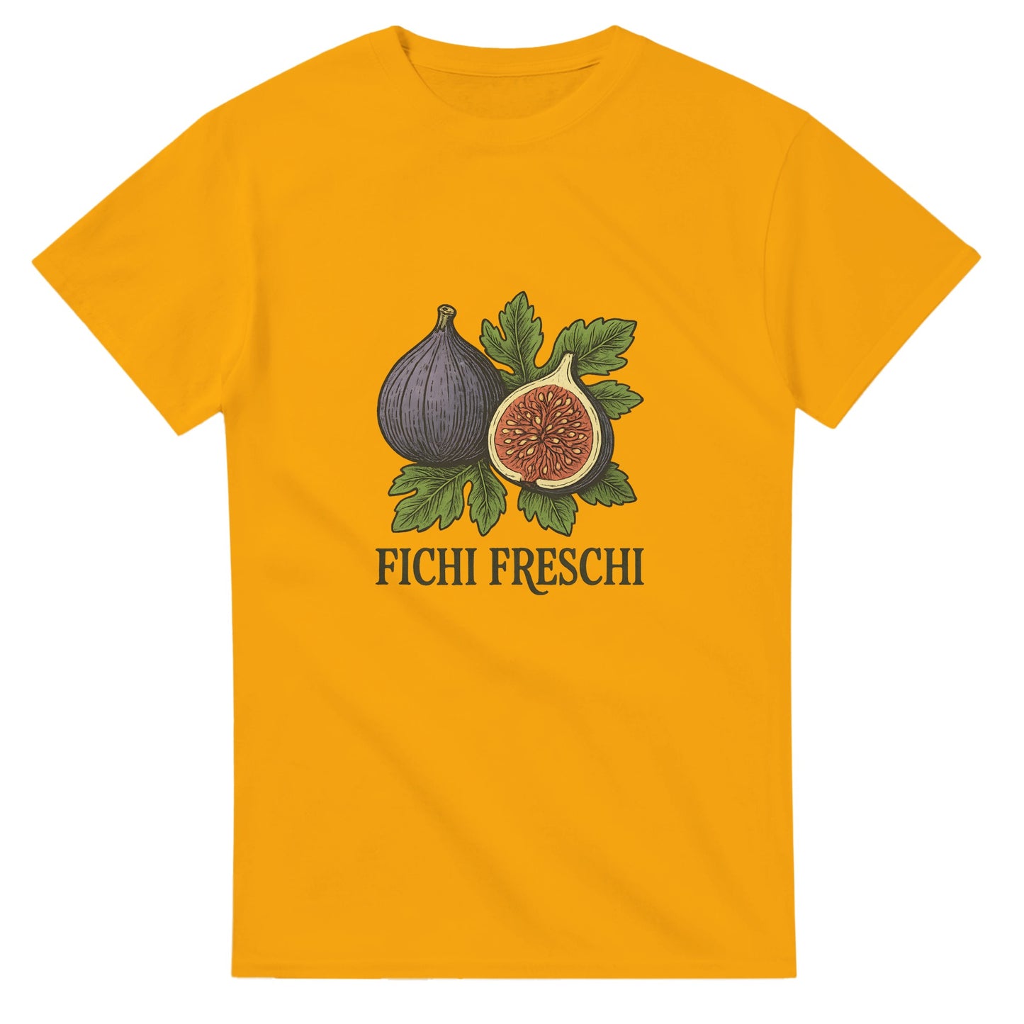 T-shirt med färska fikon och gammaldags italiensk text, Fichi Freschi, på gröna blad.