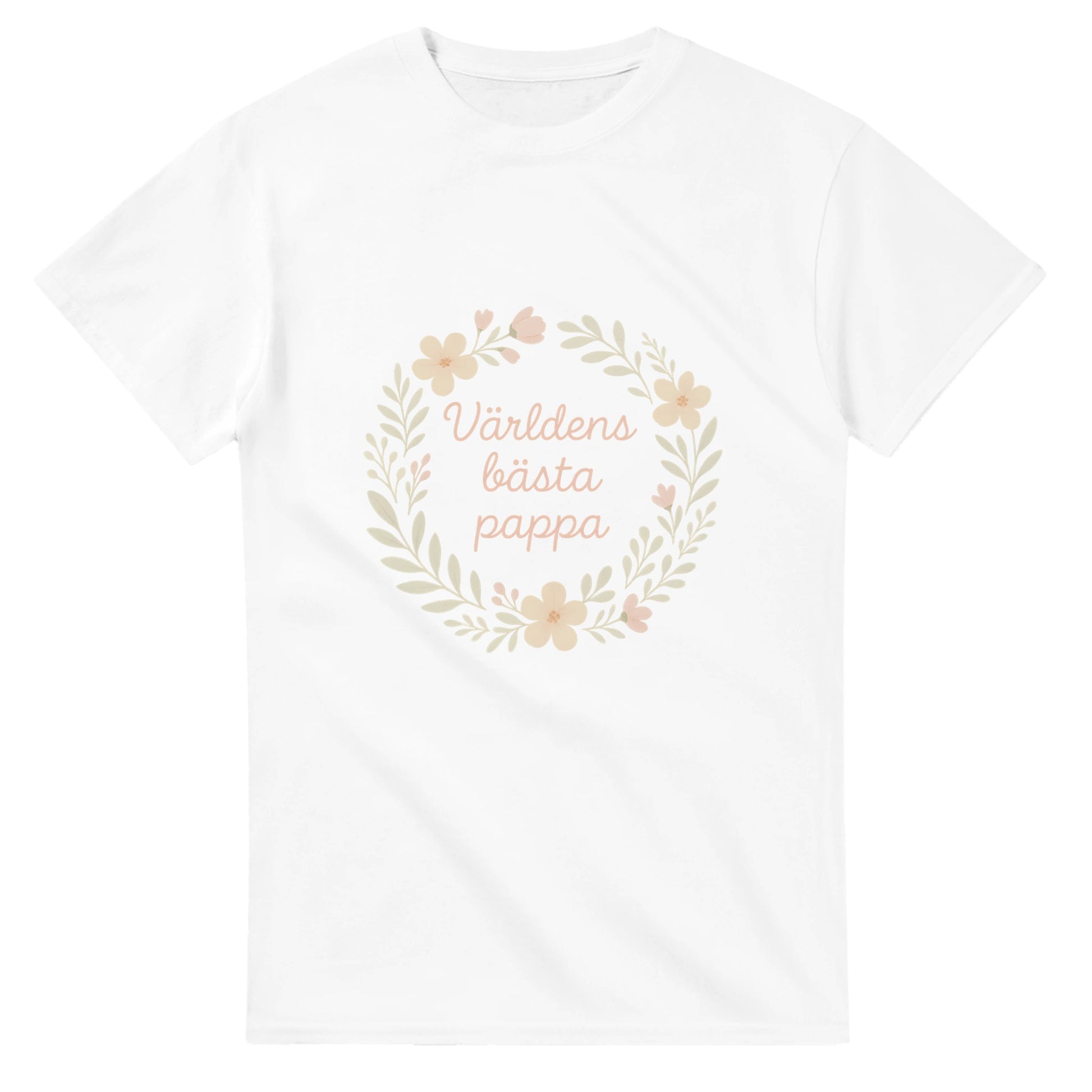 T-shirt med blommigt mönster och texten 'Världens bästa pappa' i luftig design. Skapa glädje med Pappas Blomsterskatt.