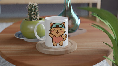 Mugg med tecknad katt i baddräkt och simglasögon, perfekt för simmare. Söt kattmugg för simälskare!