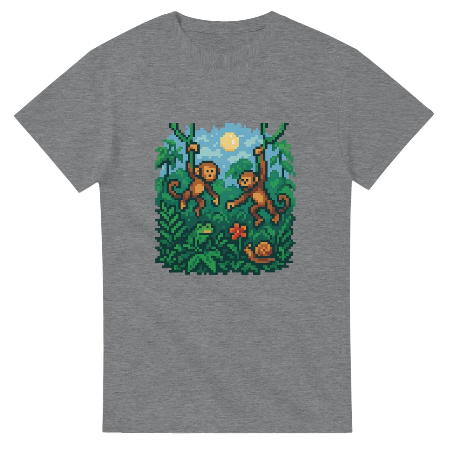 8-bitars djungelresa t-shirt med pixelapor och lianer för äventyrliga äventyrare.