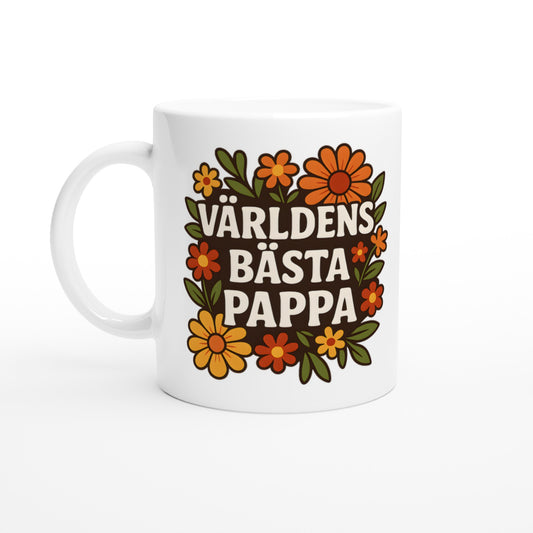 Mugg med 'Världens bästa pappa' inramat av blommor, perfekt för pappans fika. Stilfull och speciell!