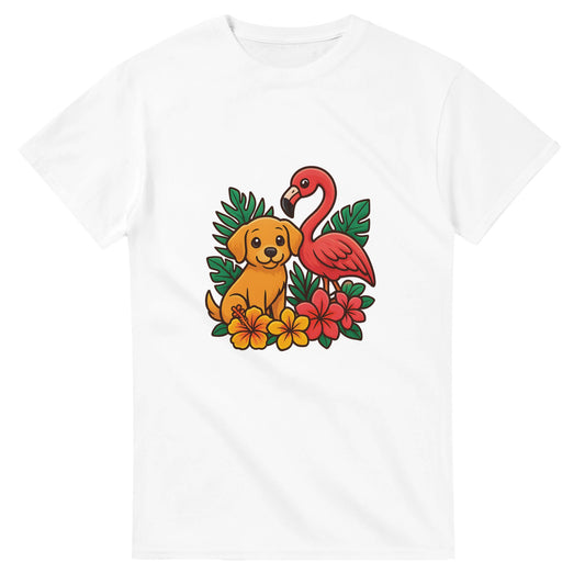 T-shirt med hund och flamingo i tropisk miljö, charmig och trendig design med färgglada blommor.