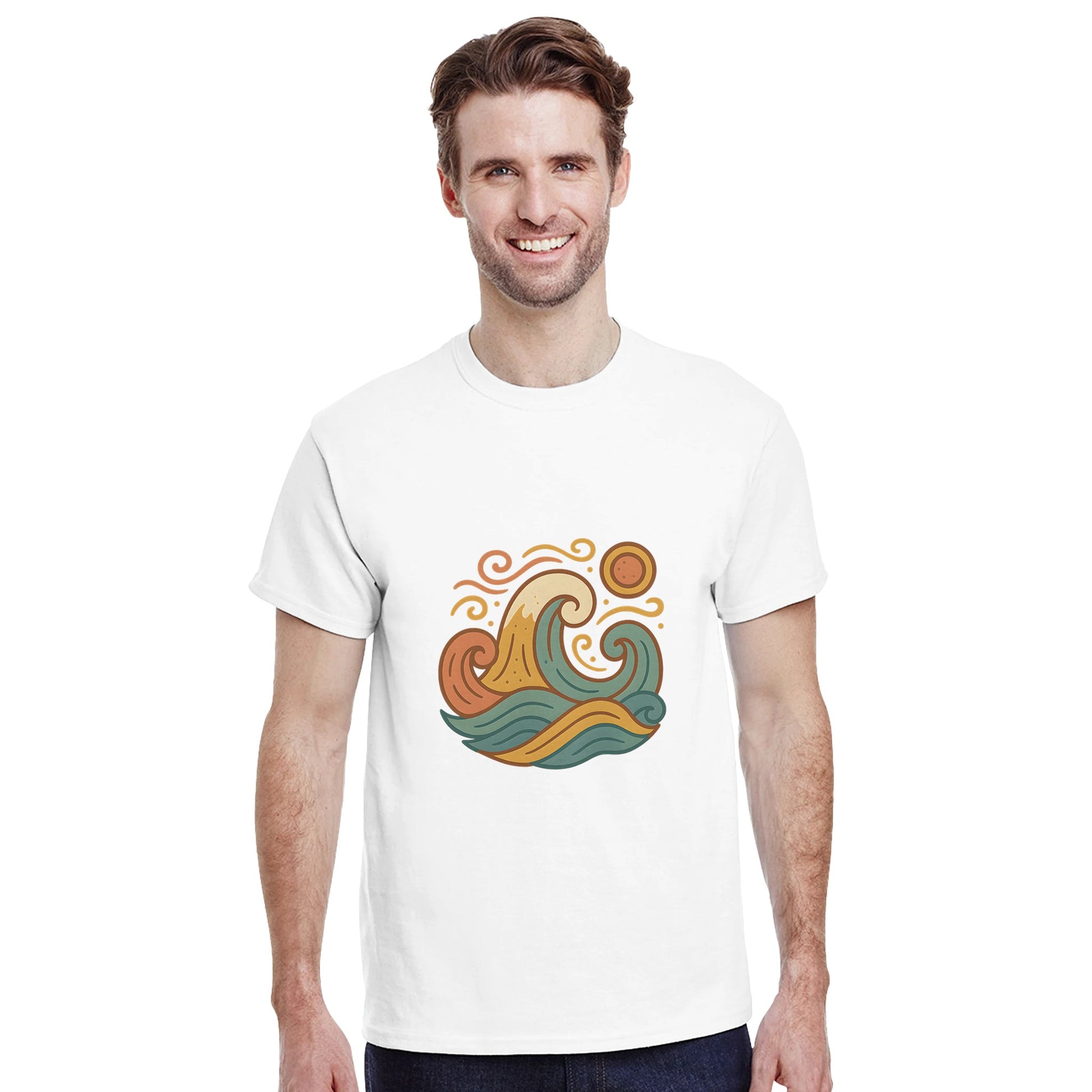 T-shirt med spanska vindar, stiliserade vågor och dämpade medelhavsnyanser. Fångar känslan av varma vindar i Spanien.