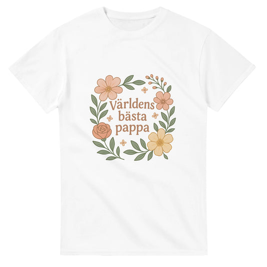T-shirt med blommor och texten 'Världens bästa pappa'. Mjuka, stilrena toner för att fira pappa.