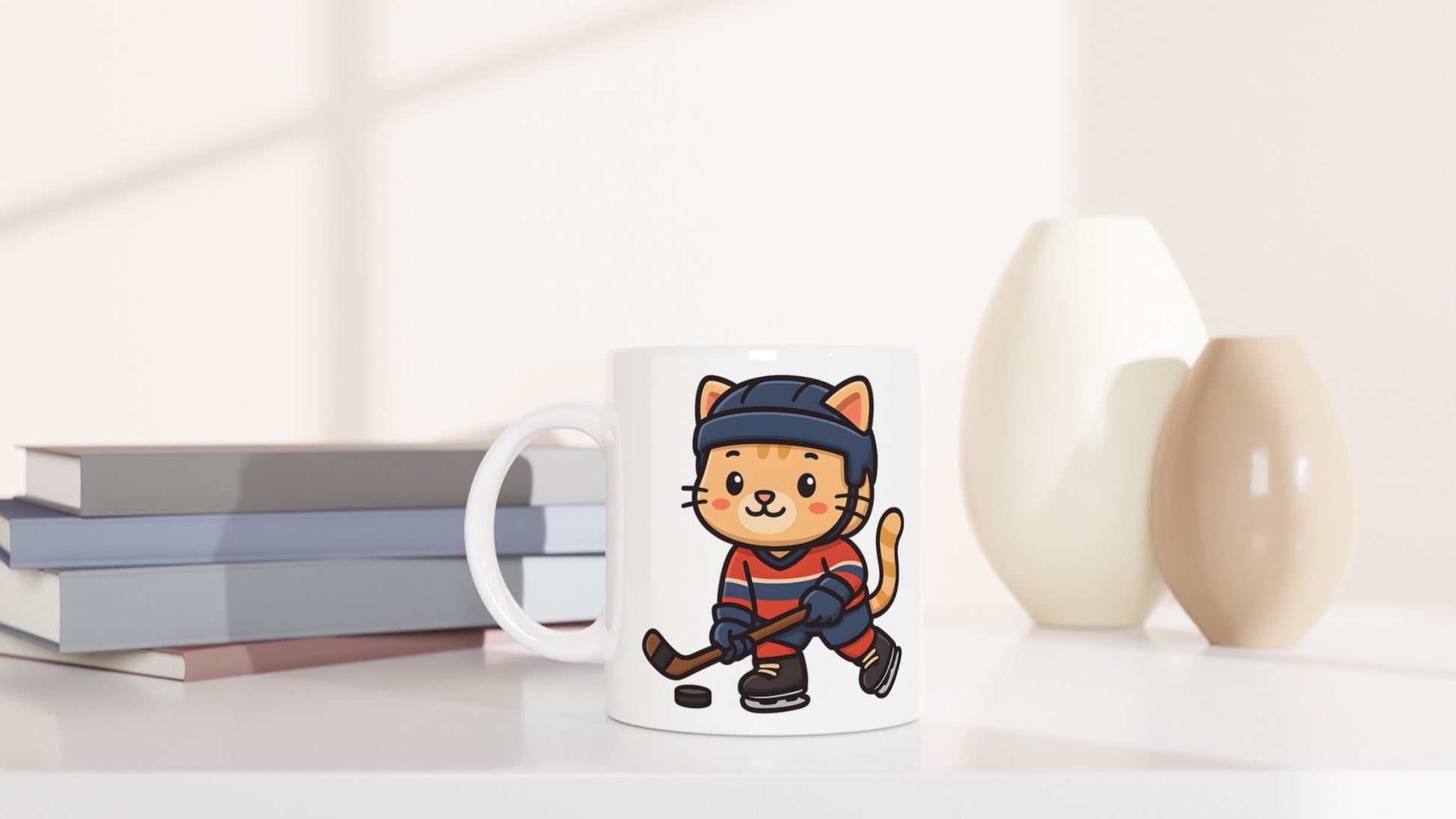 Söt ishockeykatt i matchkläder, redo för spel. Perfekt för katt- och ishockeyälskare.