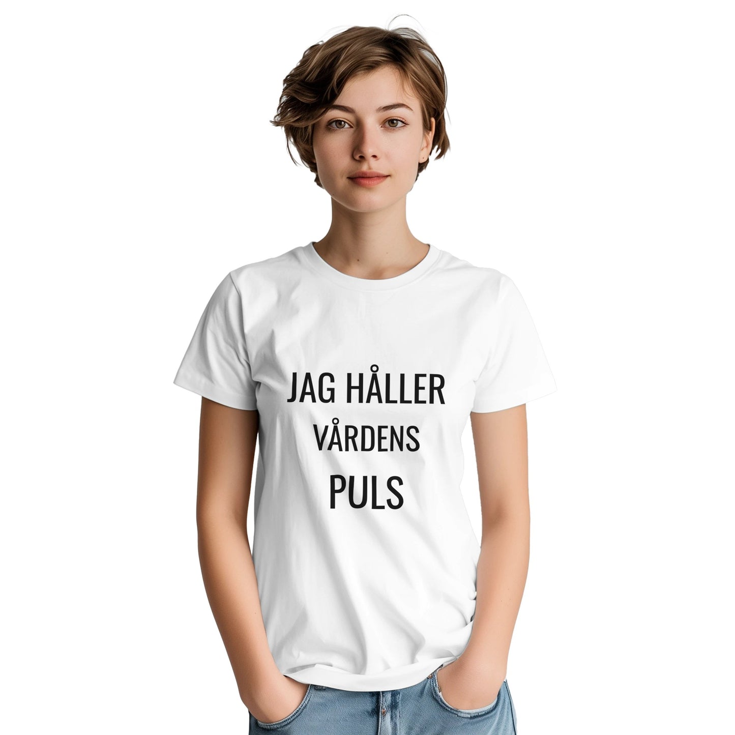 T-shirt med budskapet Kontroll över vårdens puls för sjuksköterskor. Rolig och unik design.