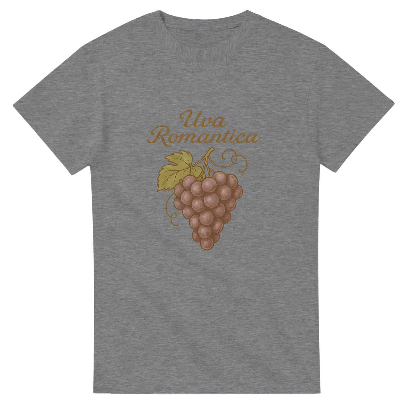 T-shirt med retrostil, 'Uva Romantica' på italienskt manér ovanför, romantisk druvklase.