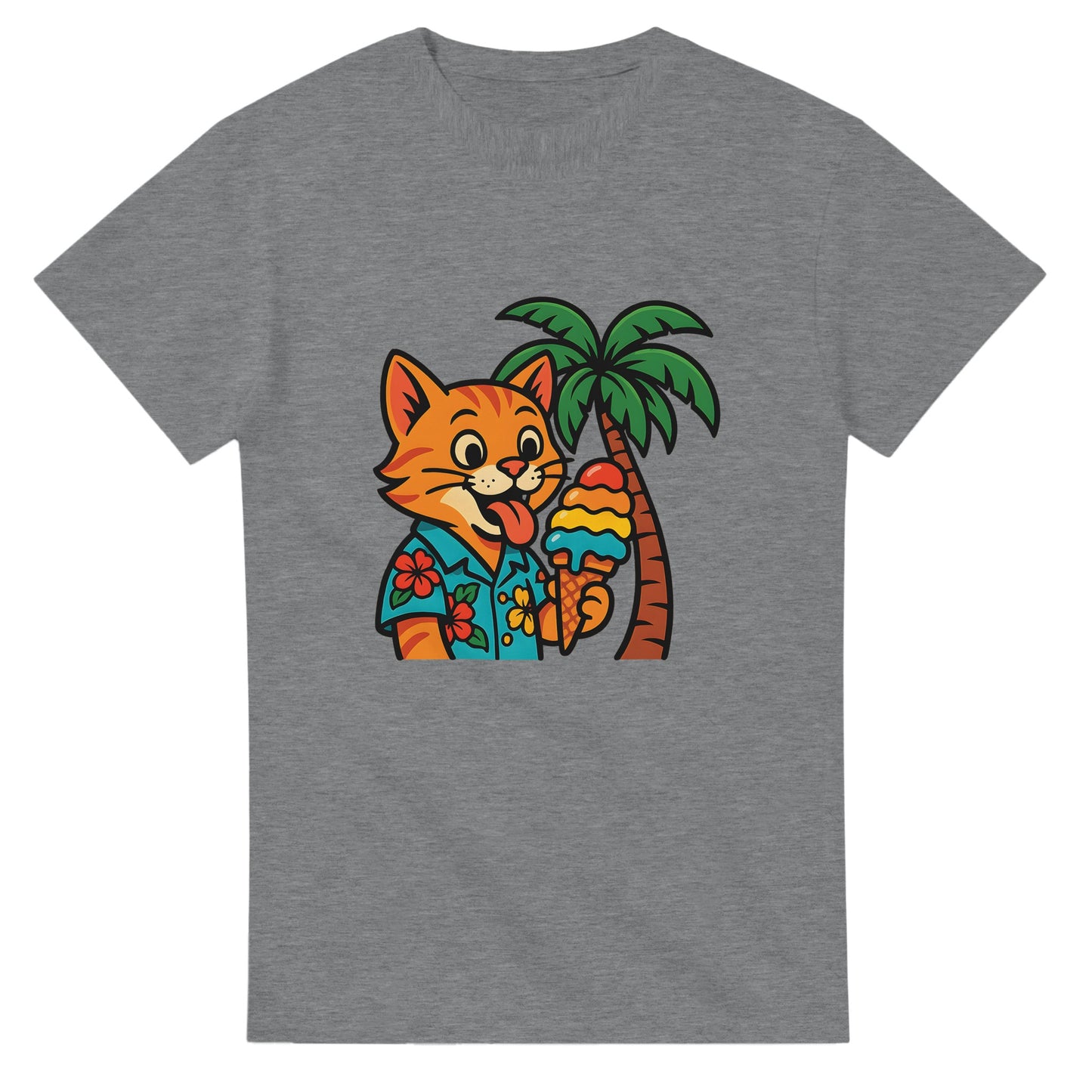 Katt i hawaiiskjorta slickar på regnbågsfärgad glass under palm.