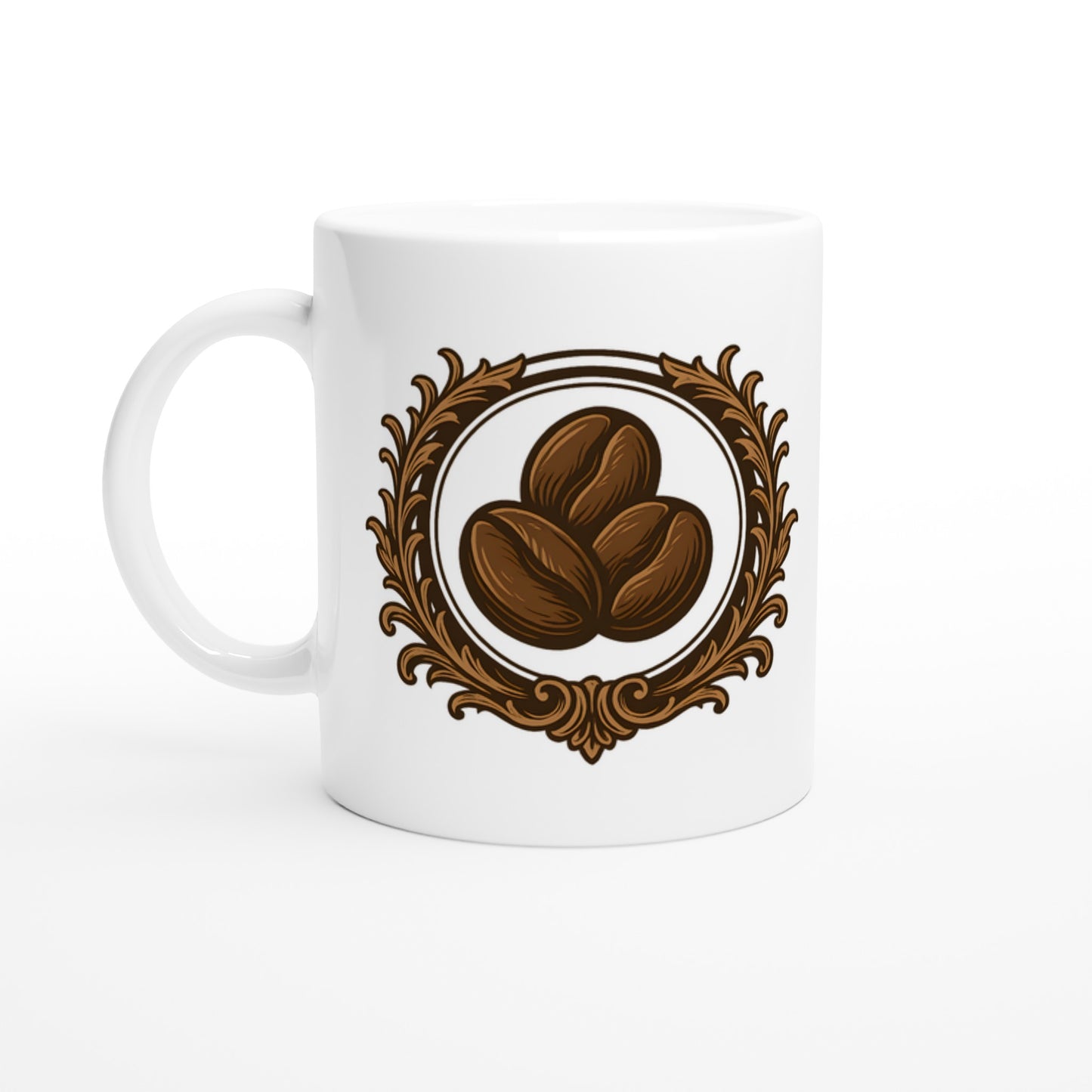 Mugg med antik emblem och kaffebönor, perfekt för retroälskande kaffeentusiaster.
