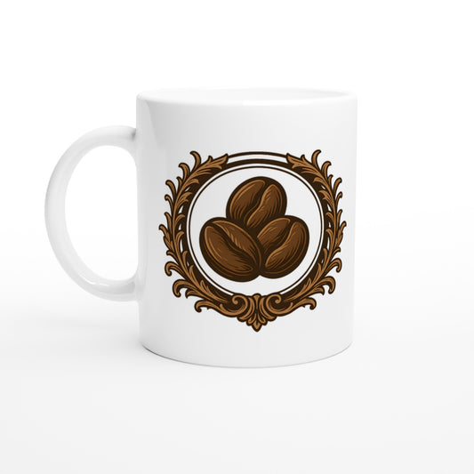 Mugg med antik emblem och kaffebönor, perfekt för retroälskande kaffeentusiaster.