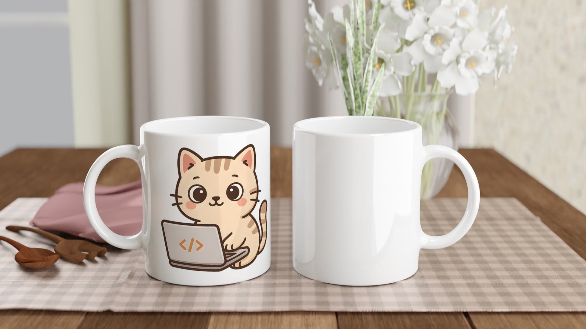 Mugg med katt som kodar på laptop. Perfekt för programmerare!