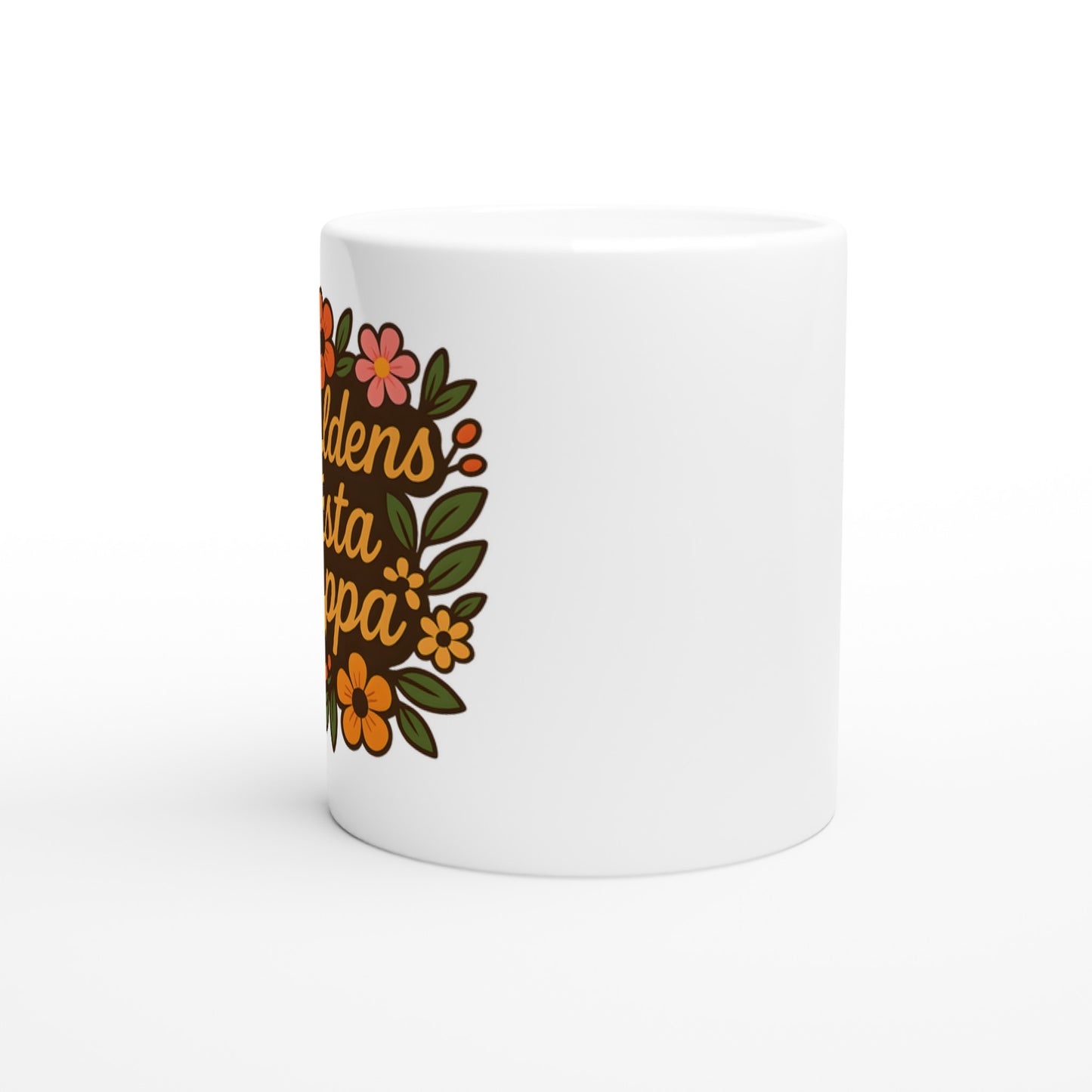 Mugg med texten 'Världens bästa pappa' och blomstermönster, perfekt för morgonkaffet.