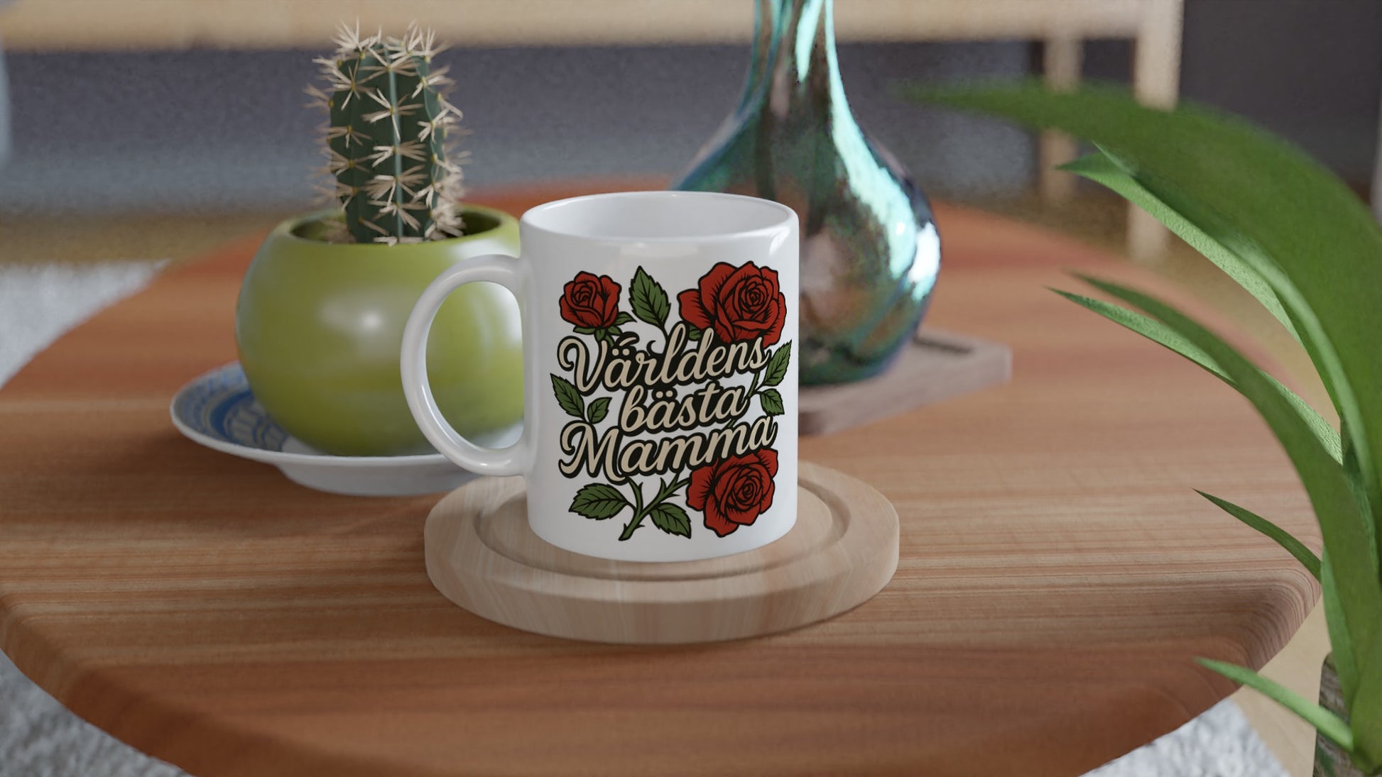 Mugg med texten 'Världens bästa mamma' och rosor. Perfekt present till mamma!