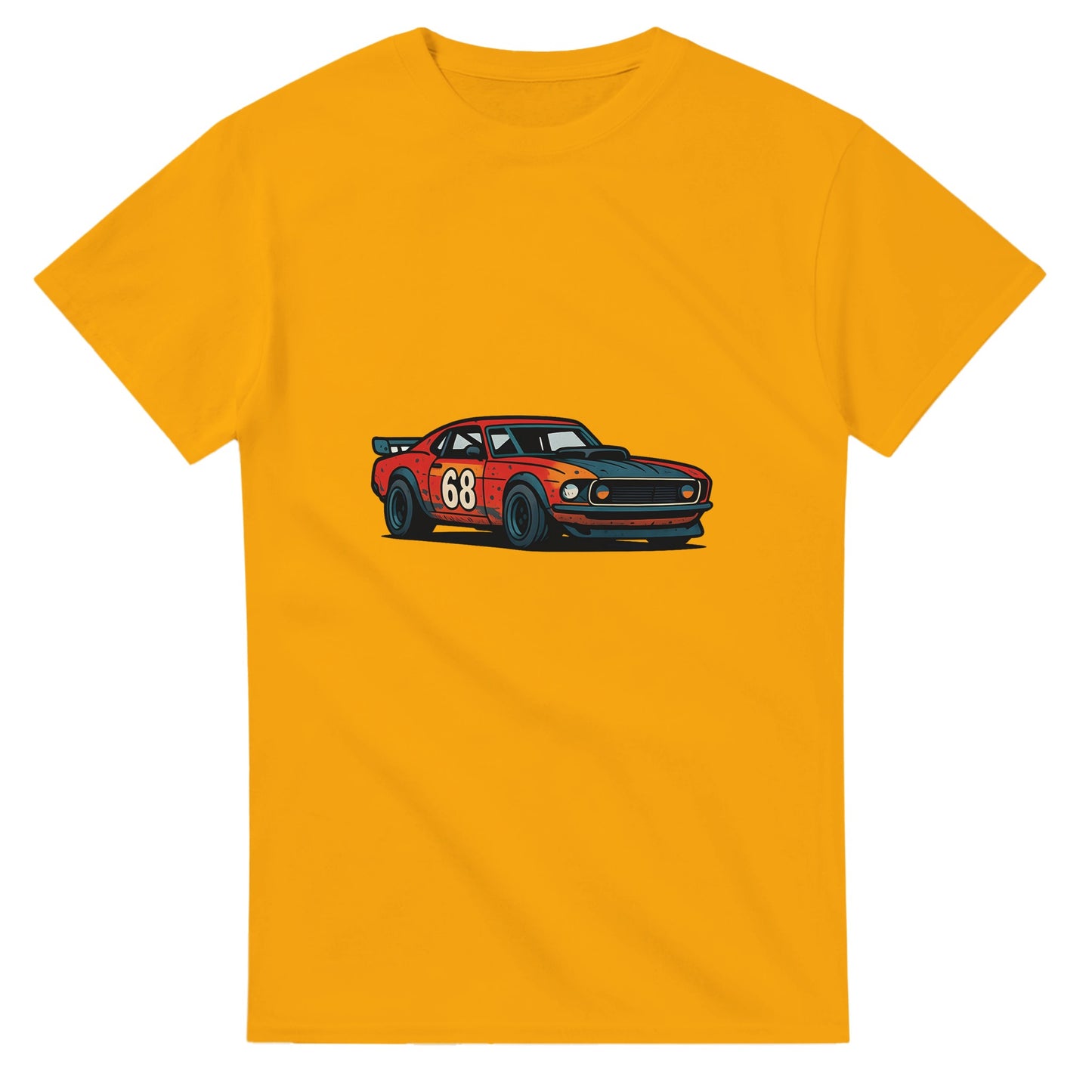 T-shirt med gatuloppstema och en vintage bil med en historia av fart och förändring.