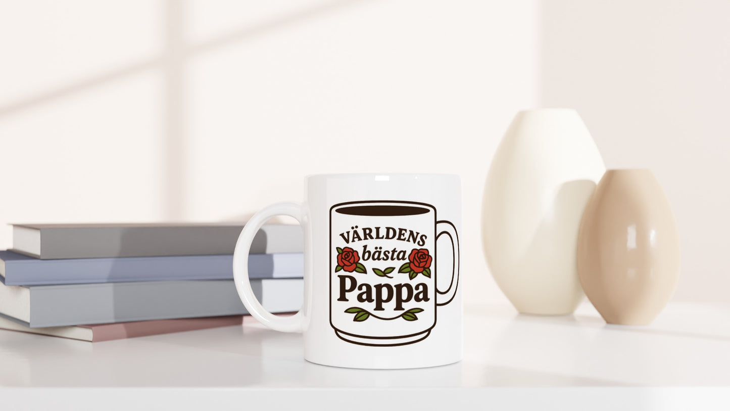 Mugg med ordet 'pappa' i elegant typografi och rosor. Perfekt gåva till världens bästa pappa.