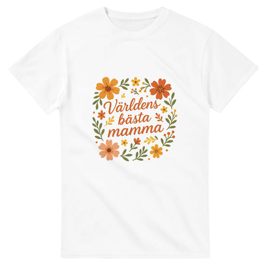 Blommig T-shirt för världens bästa mamma. Luftig design med varm hälsning. Perfekt gåva till morsdag!
