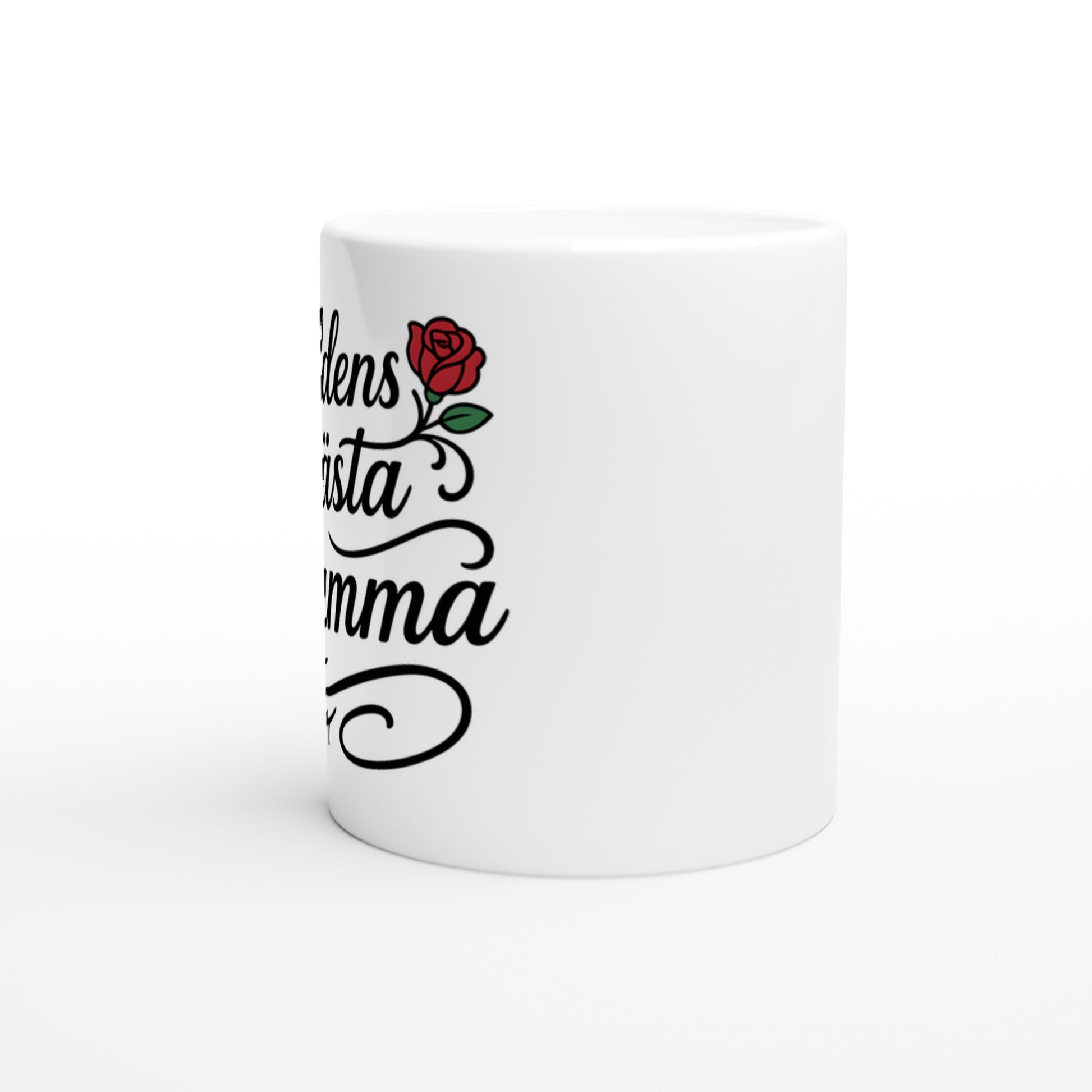Mugg med elegant typografi och subtila rosor, perfekt för att fira världens bästa mamma. Idealisk för morgonkaffet!