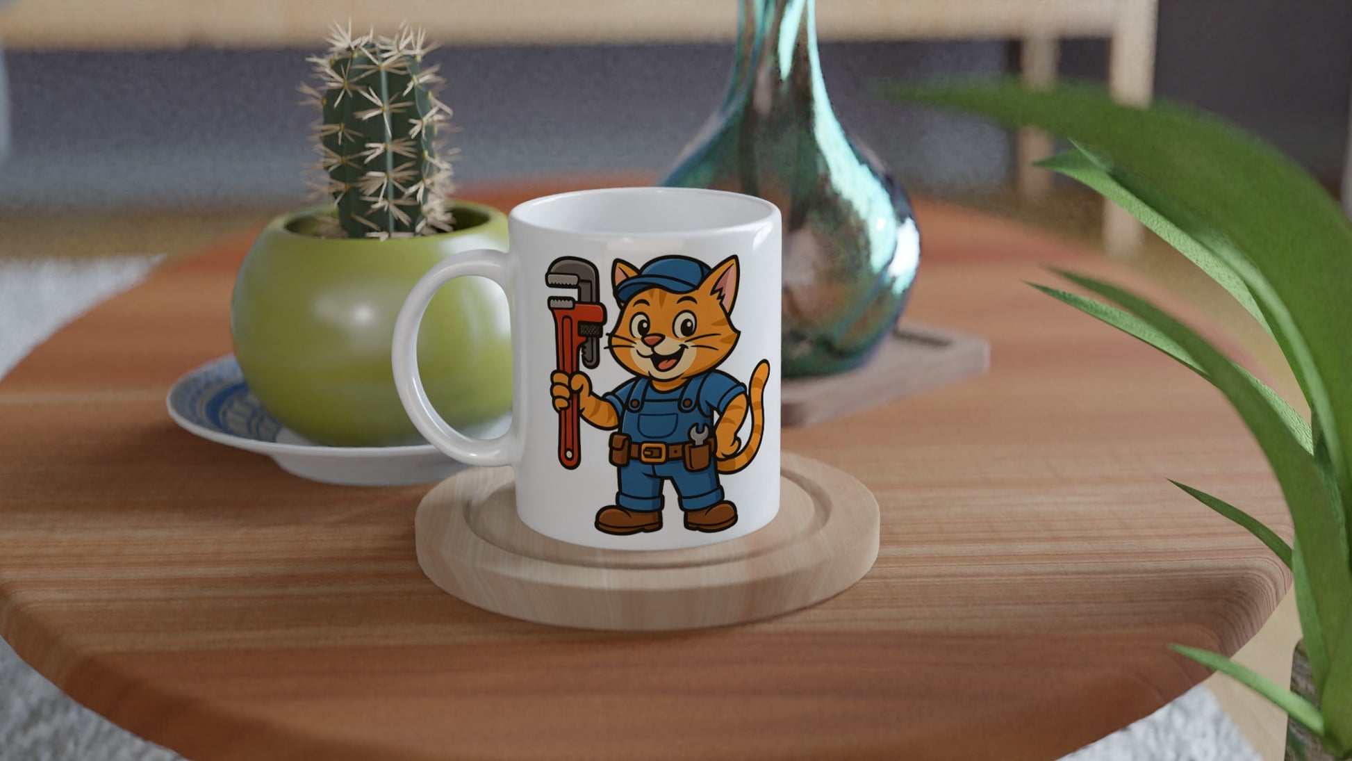 Kattvärldens rörmokare - en humoristisk kaffemugg med en katt som håller i en rörtång.