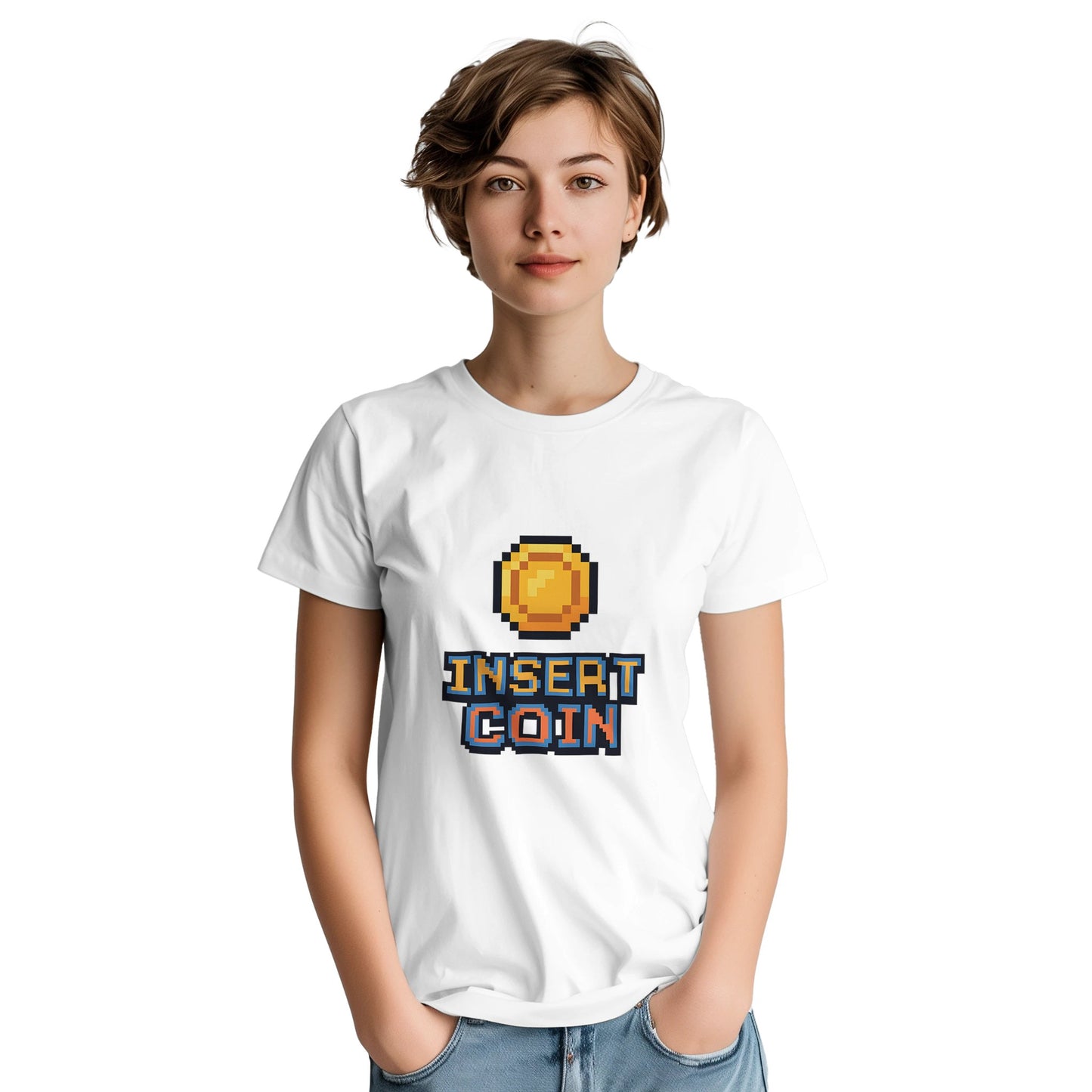 T-shirt med mynt och 'Insert Coin' text för nostalgiska gamers.