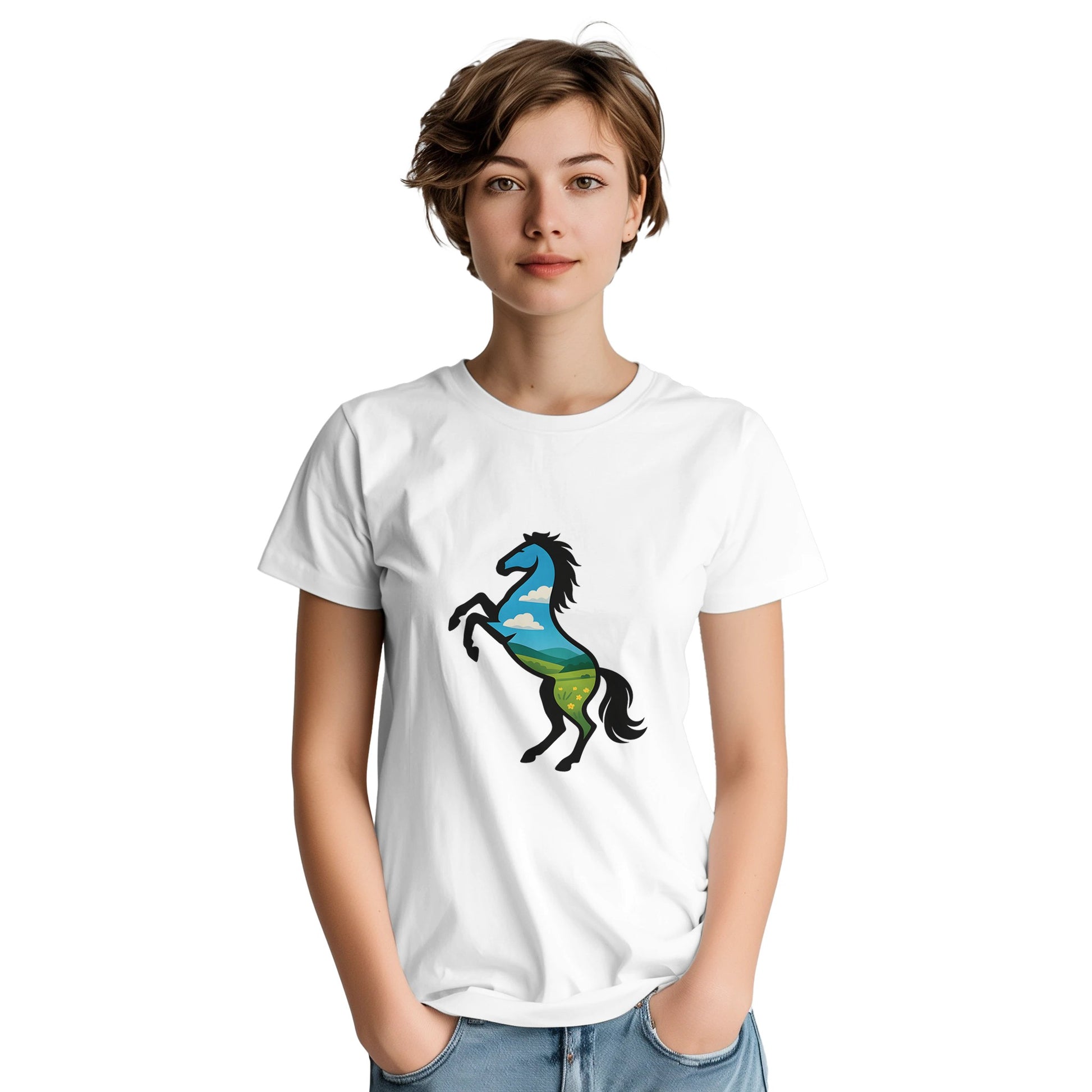 T-shirt med stegrande vildhäst och öppna fält, symbol för frihet.