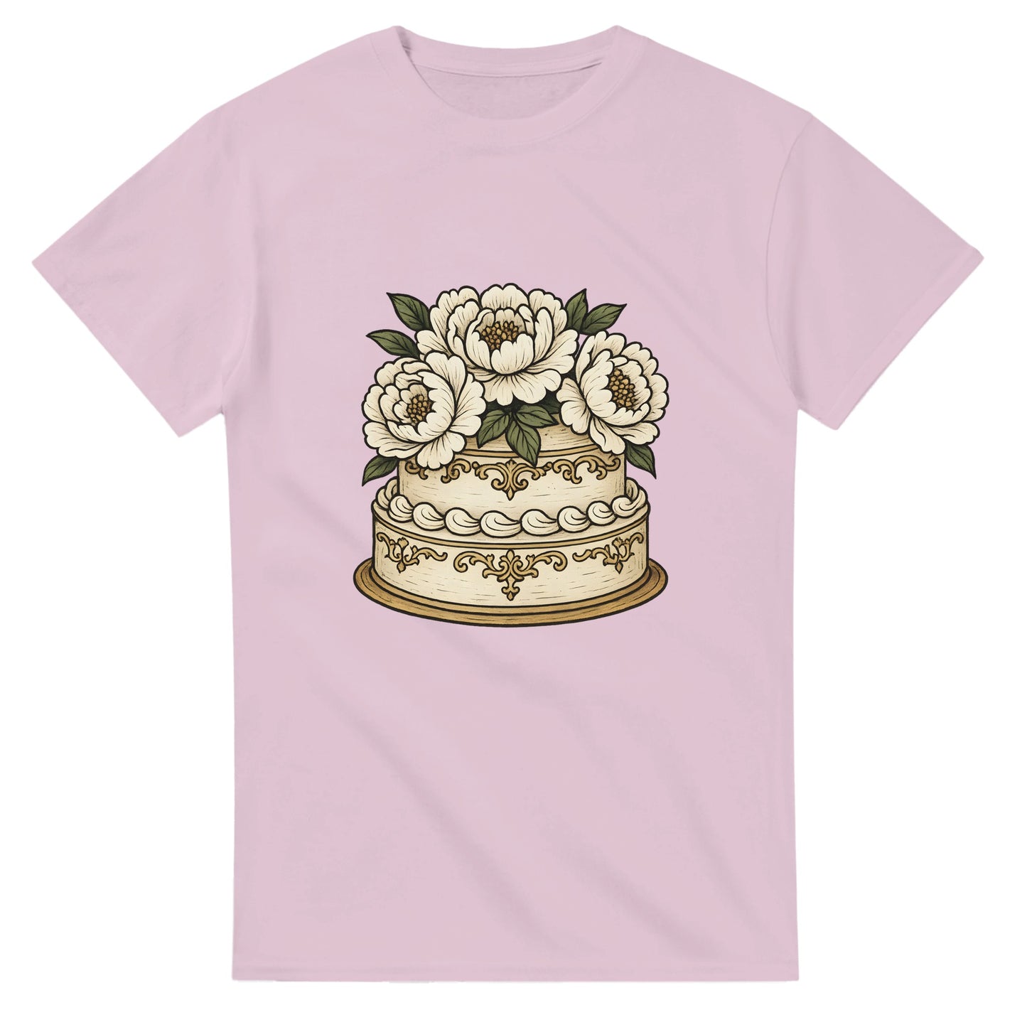 T-shirt med vitt porslin och eleganta pioner som ger en klassisk och gräddig känsla av sekelskiftet.
