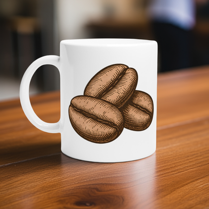 Mugg med klassiskt tecknade kaffebönor, hyllning till caféer.